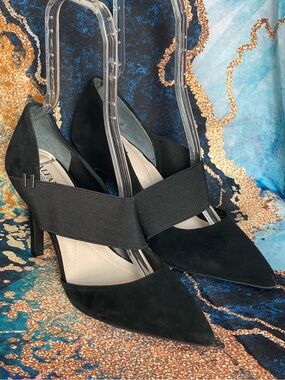 Alfani Step Flex Women’s 9M Black Suede Pointed Toe wide Strap Dress heel Pumps